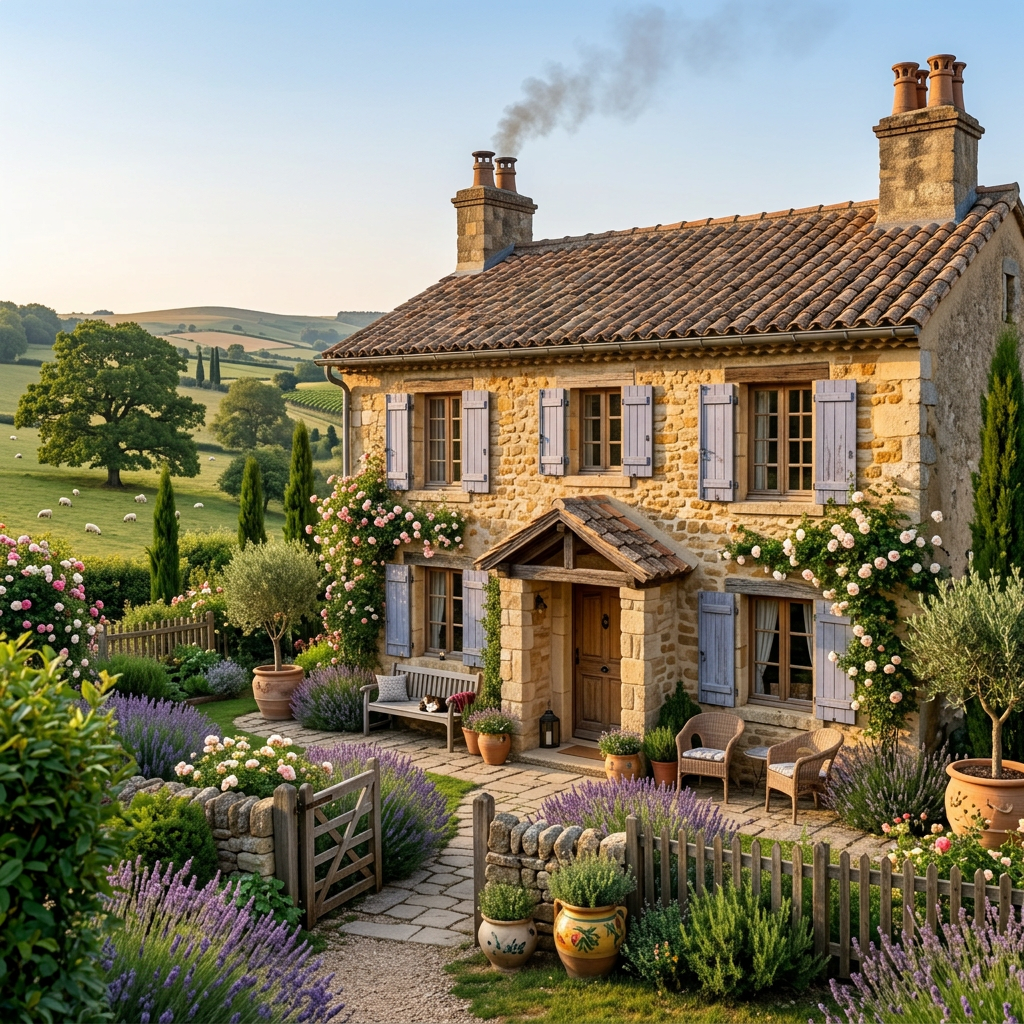Current image: Stone cottage with thatched roof and colorful garden overlooking rolling countryside